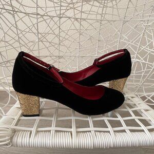 Shoes of Prey Velvet Ankle Strap Glitter Block Heels Party - Sz EU 38.5 / US 8